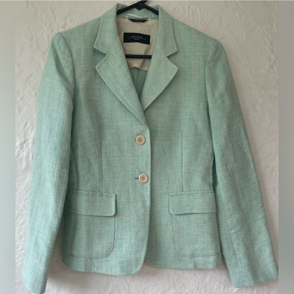 MaxMara Weekend Green Stitch Taylored Linen Blend Jacket; size 6